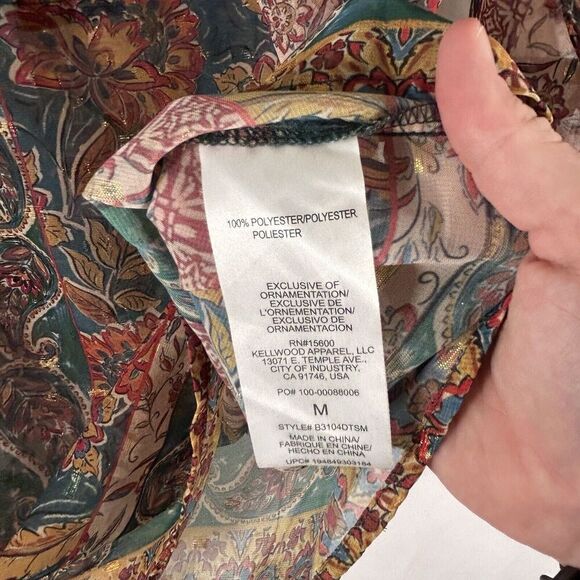 Democracy Blouse Womens Medium Brown Green Gold Metallic Sheer Vneck - Picture 6 of 10